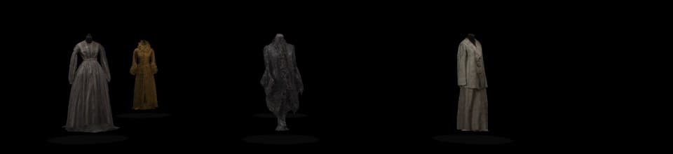 Four scanned garments displayed on pedestals