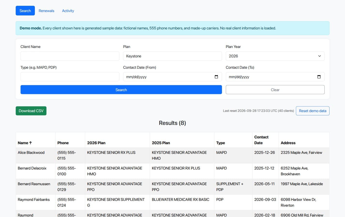 The client search page filtered to Keystone plans in 2026, showing 8 results